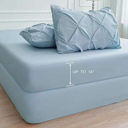 Maple&Stone Light Blue Comforter Set Queen, 7 Pieces Bed in a Bag Queen, Pintuck Bedding with Comforter, Sheets, Pillowcases & Shams - Light Blue