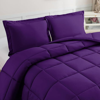 Elegant Comfort 3-Piece Box Stitched Down Alternative Comforter with Shams - Ultra Soft for All Season Duvet Insert with Corner Tabs, Plush Cozy 3PC Comforter Set, Twin, Purple