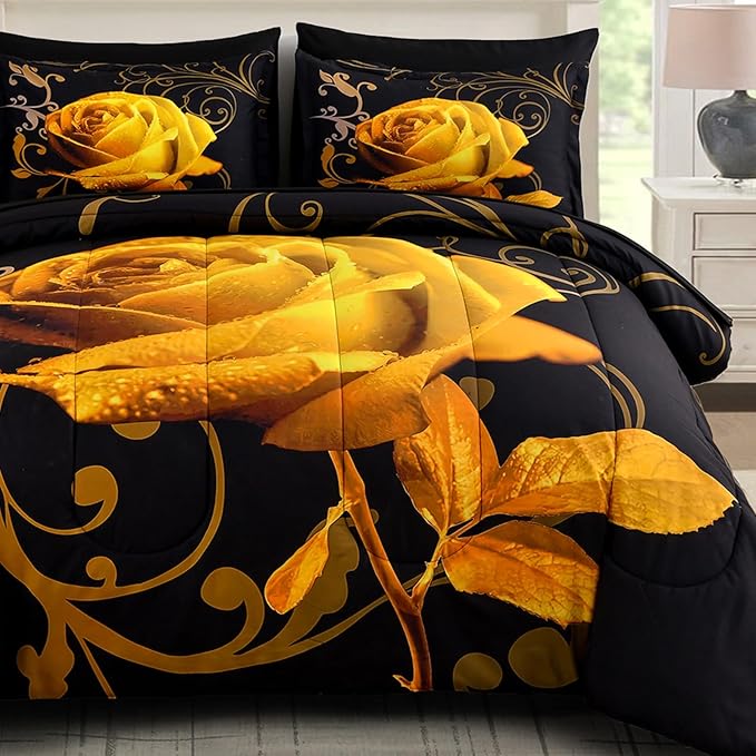 WONGS BEDDING Yellow Comforter Set Queen, Reversible Yellow Rose 7 Pieces Bed in a Bag, Lightweight Soft Microfiber Bedding Sets with Flat Sheet, Fitted Sheet, Pillowcases & Shams