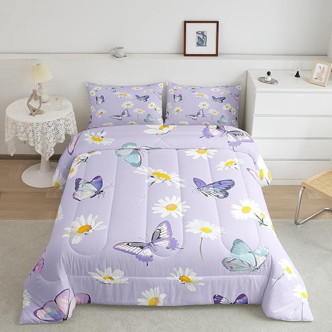 Manfei Purple Comforter Set King Size, Daisy Flower Butterfly Bedding Set 3pcs for Kids Boy Girls Room Decor, Botanical Garden Artwork Quilt Set Soft Polyester Duvet Set with 2 Pillowcases