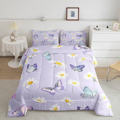Manfei Purple Comforter Set King Size, Daisy Flower Butterfly Bedding Set 3pcs for Kids Boy Girls Room Decor, Botanical Garden Artwork Quilt Set Soft Polyester Duvet Set with 2 Pillowcases