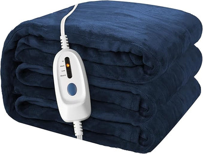 Electric Heated Blanket 62"x84" Twin Size Flannel Heated Blanket, Cozy & Warm for All Night, 4 Heat Settings & 10 Hours Auto Off, Machine Washable, Navy Blue