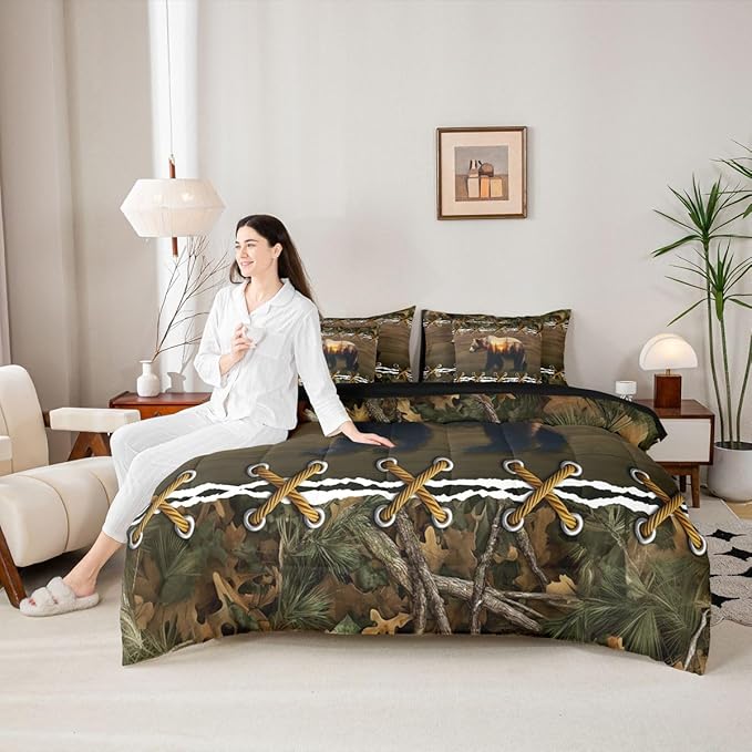 Camo Full Size Bed Sheets and Comforter Set | Brown Bear 7 Piece Bedding Set Mens Country Bed in a Bag, Farmhouse Woodland Animals Hunting Room Decor,Camouflage Rustic Cabin Decor Camo Bed Set