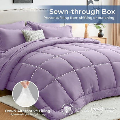 Sasttie California King Comforter Set, 7 Pieces Cal King Bed in a Bag, Complete Bedding Set Includes Comforter, Flat Sheet, Fitted Sheet, Pillowcases and Pillow Shams, Violet