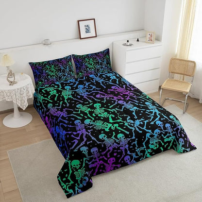 Sugar Skull Comforter Set Halloween Bedding Set Queen Size Green Blue Purple Ombre Down Comforter For Kids Boys Girls Skeleton Bones Quilted Duvet Warm Soft Horror Theme Bedroom Decor 3Pcs