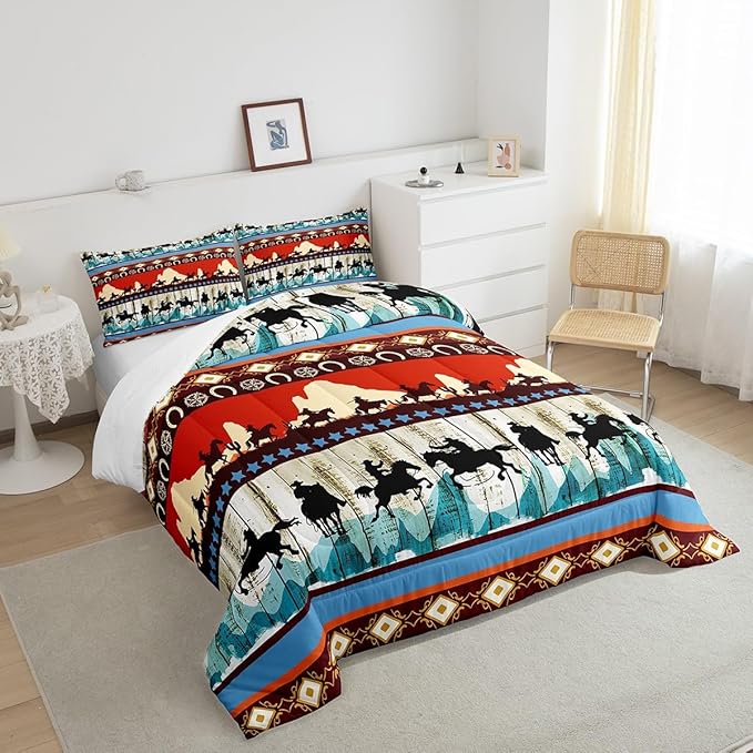 Feelyou Kids Twin Aztec Red Comforter Twin Size, Southwestern Cowboys Comforter Set for Boys Girls Horse Bedding Set Boho Tribal Duvet Set Microfiber Bed Set