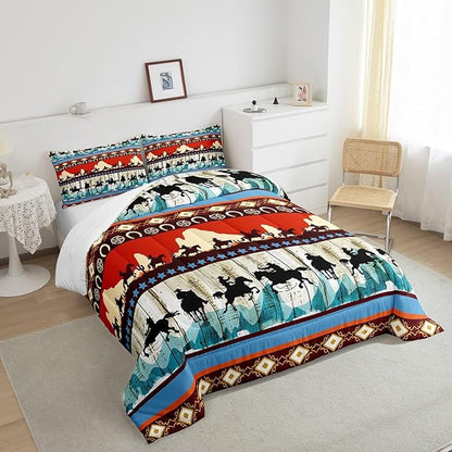 Feelyou Kids King Aztec Red Comforter King Size, Southwestern Cowboys Comforter Set for Boys Girls Horse Bedding Set Boho Tribal Duvet Set Microfiber Bed Set