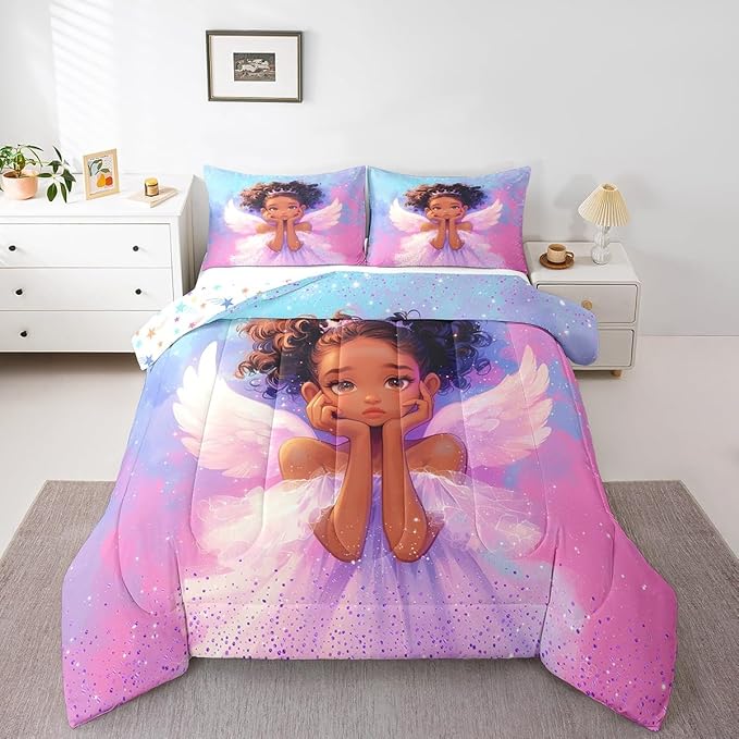 Manfei Princess Girl Comforter Set King Size, Cute Black Little Girl Bedding Set for Kids Women Adult Room Decor, Blue Pink Galaxy Down Comforter, Reversible Polyester Quilt Set,2 Pillowcases