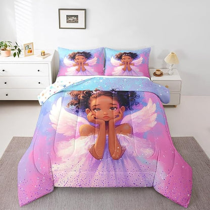 Manfei Princess Girl Comforter Set King Size, Cute Black Little Girl Bedding Set for Kids Women Adult Room Decor, Blue Pink Galaxy Down Comforter, Reversible Polyester Quilt Set,2 Pillowcases