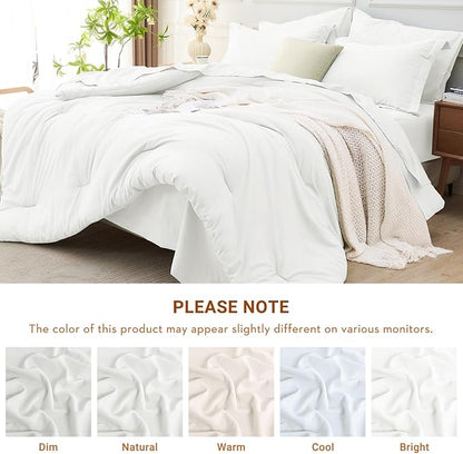MUXHOMO 7 Pieces California King Comforter Set, Soft Bed in a Bag Cal King Size, All Season Bedding Set with Comforter, Flat Sheet, Fitted Sheet, Pillowcases & Shams, White