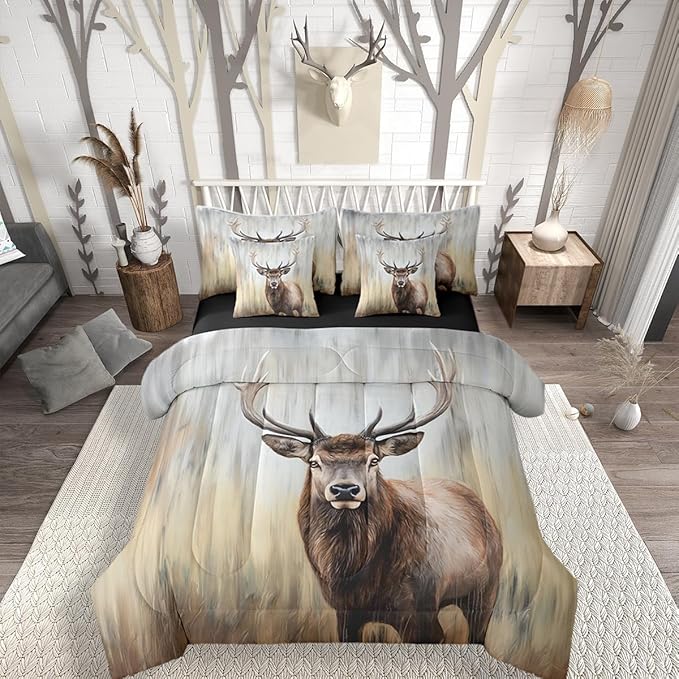 Erosebridal Cute Deer 7 Pieces Bedding Set King Size | Hunting Deer Comforter Set with Sheets for Kids Boys Girls Rustic Cabin Bed in A Bag with Flat Fitted Sheets Antler Moose Wild Animal Bed Sets