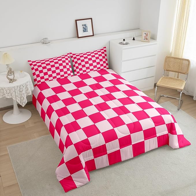Feelyou Checkered Bedding Set Teen Women Boho Modern Cute Aesthetic Decorative Girly Comforter Set Queen Size Kids Boys Girls Geometric Chic Duvet Insert Pink White Plaid Room Decor