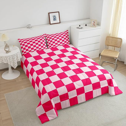 Feelyou Checkered Bedding Set Teen Women Boho Modern Cute Aesthetic Decorative Girly Comforter Set Twin Size Kids Boys Girls Geometric Chic Duvet Insert Pink White Plaid Room Decor