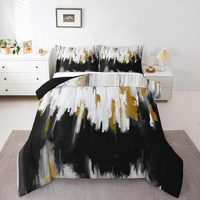 Black Gray Bedding Set King Abstract Watercolor Comforter Set, Gradient Stripe Duvet Insert Chic Vintage Aesthetic Quilt Sets, Graffiti Oil Painting Modern Bedding Comforters & Sets for Kids Teens
