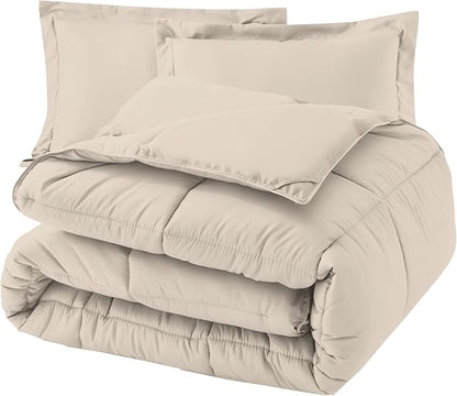Elegant Comfort 3-Piece Box Stitched Down Alternative Comforter with Shams - Ultra Soft for All Season Duvet Insert with Corner Tabs, Plush Cozy 3PC Comforter Set, Full, Linen