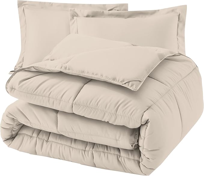 Elegant Comfort 3-Piece Box Stitched Down Alternative Comforter with Shams - Ultra Soft for All Season Duvet Insert with Corner Tabs, Plush Cozy 3PC Comforter Set, King, Linen