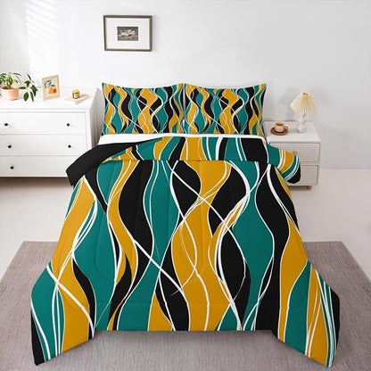 Erosebridal Geometric Comforter Set King Black and Gold Stripes Bedding Set, Turquoise White Duvet Insert Abstract Modern Quilt Sets, Aesthetic Lines Bedding Comforters & Sets Minimalism Bedroom Decor