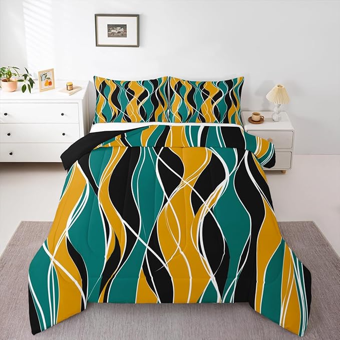 Erosebridal Modern Bedding Twin for Boys Girls Abstract Comforter Set, Black Gold Green Duvet Insert Geometric Lines Quilt Set, Aesthetic Striped Bedding Comforters & Sets Colorful Durable Room Decor