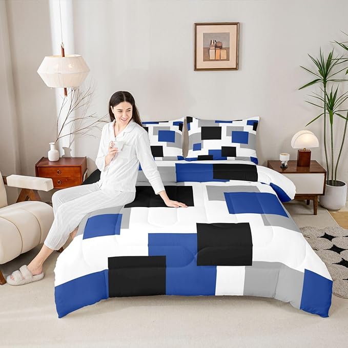 Castle Fairy Blue Black White Twin Size Comforter Set,Geometric Grid Splicing Duvet Set Soft Bed Collection,Modern Abstract Bedding Comforter for Boys Girls Bedroom,2 Pcs