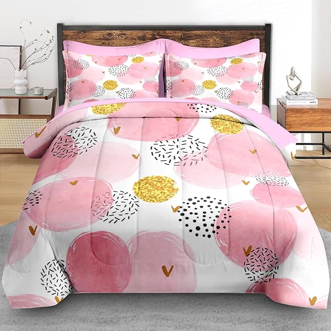 Comforter Set Full Size, Polka Dot Pink 7 Pcs Bedding for Kids and Adults, Watercolor Spots Circles Bed Sheet Sets with Fitted Sheet 2 Pillowcases & 2 Shams for Bedroom Bed Decor