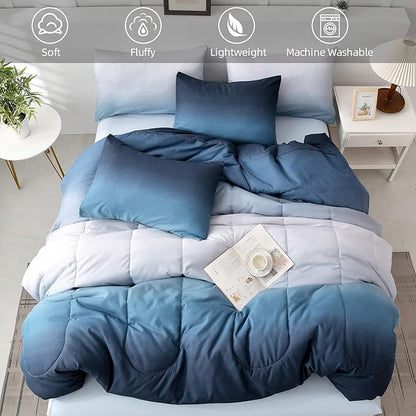 Gradient Blue White Comforter Set King Size 7 Pieces Ombre Navy Blue Bed in a Bag Complete Bedding Set - Breathable Solid Ocean Sea Blue Bed Sets with Flat/Fitted Sheet, 2 Pillowcases, 2 Pillow Shams