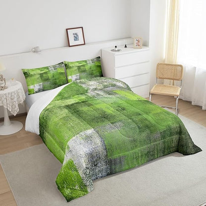 Summer Watercolor Comforter Set for Kids Boys Girls,Green Grey Bedding Set Full,Mid Century Bedding Comforter Sets,Abstract Oil Painting Ombre Art Duvet Insert with 2 Pillowcases All Season