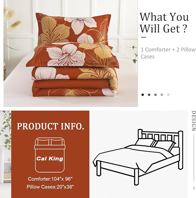 Menghomeus Terracotta Comforter Set California King Burnt Orange Floral Comforter Botanical Bedding Sets Cal King Soft Microfiber Thanksgiving Bed Set for All Season