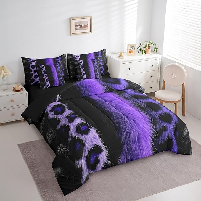 jejeloiu 3D Purple Leopard 7 Piece Bedding Set King Size Adult Leopard Comforter Set with Sheets for Boys Girls Animal Print Bed in a Bag Wild Animal Fur Bed Set