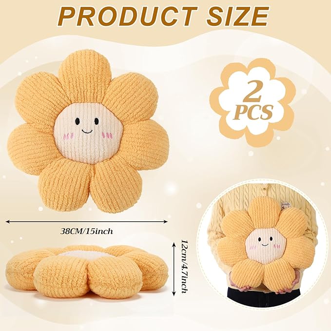 2 Pcs Smile Face Flower Pillows 15" Yellow Flower Throw Pillows Decorative Daisy Floor Seating Cushion Aesthetic Cute Seat Cushion for Bed Sofa Couch Home Decor Bedroom Living Room Chair