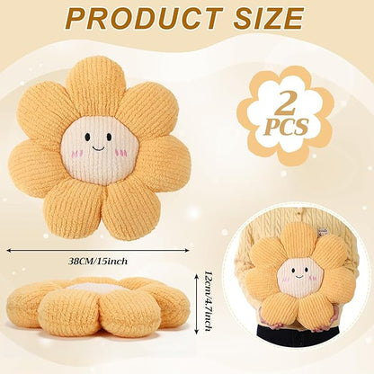 2 Pcs Smile Face Flower Pillows 15" Yellow Flower Throw Pillows Decorative Daisy Floor Seating Cushion Aesthetic Cute Seat Cushion for Bed Sofa Couch Home Decor Bedroom Living Room Chair