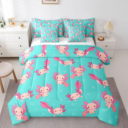 Erosebridal Axolotl Bed in A Bag King | Kawaii Pink Salamander Wildlife 7 Piece Comforter Set Wild Animals Sheet Set Breathable Lightweight Underwater World Fitted Sheet Reversible