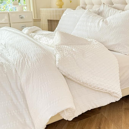 Boho Comforter Set Full Size Striped Pleats Bohemian Seersucker Bedding Set All Season Soft Cozy 3 Pieces Quilt with 2 Pillowcases(80"X90" White)