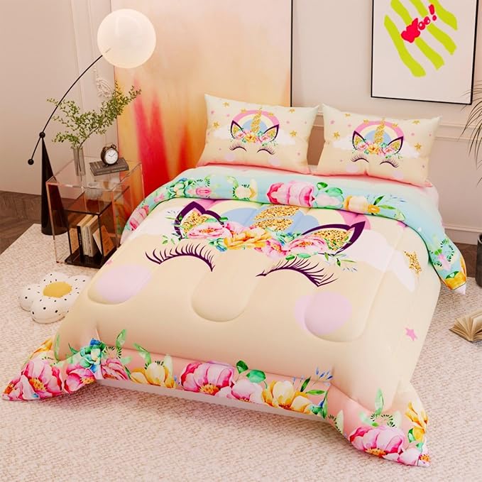 Unicorn Comforter Set,Floral Pink 3D Pattern for Kids Teens Adults,Decorative Bedding Comforter Sets with 2 Pillow Shams, Twin Size