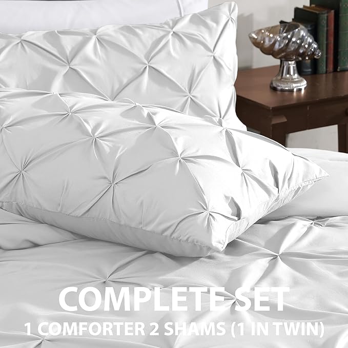 Cathay Home Twin Bedding - Pintuck 2-Piece Comforter and Sham Set - Ultra Soft & All Season Warmth - White