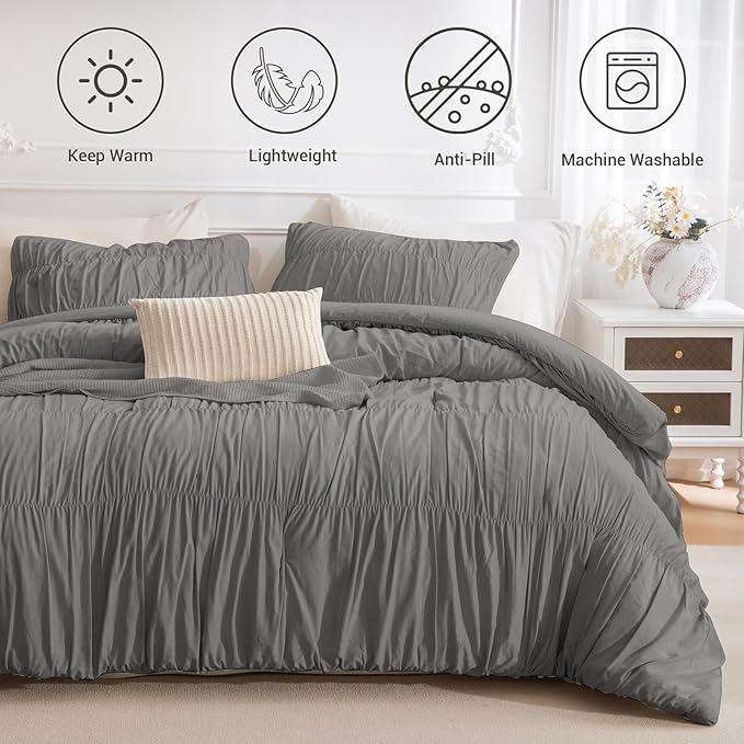 Lady Ann Gray Ruched Comforters Oversized King Size 120x120 Bedding Comforter Sets for Bedroom, 3 Piece Fluffy Boho Bedroom Set with Pillow Shams Soft All Season Bed Sets