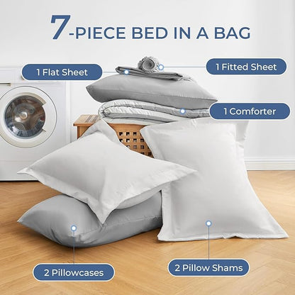 Sasttie Queen Comforter Set, 7 Pieces Bed in a Bag Queen, Complete Bedding Set Includes Comforter, Flat Sheet, Fitted Sheet, Pillowcases and Pillow Shams, Ivory & Light Grey
