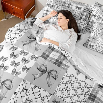 Feelyou Gray Bow Twin Comforter Set with Sheets for Kids Boys Girls Princess Bow 7 Pieces Bedding Set Cute Bowknot Bed in a Bag Kawaii Room Decor Soft Lightweight Microfiber