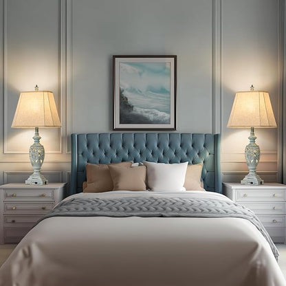 29.5"H Touch Control Traditional Table Lamp Set of 2,Vintage Bedside Lamp Nightstand Lamps with Dual USB Ports,3-Way Dimmable Hollow Out Leafwork Blue Washed Finish Desk Lamps for Living Room,Bedroom
