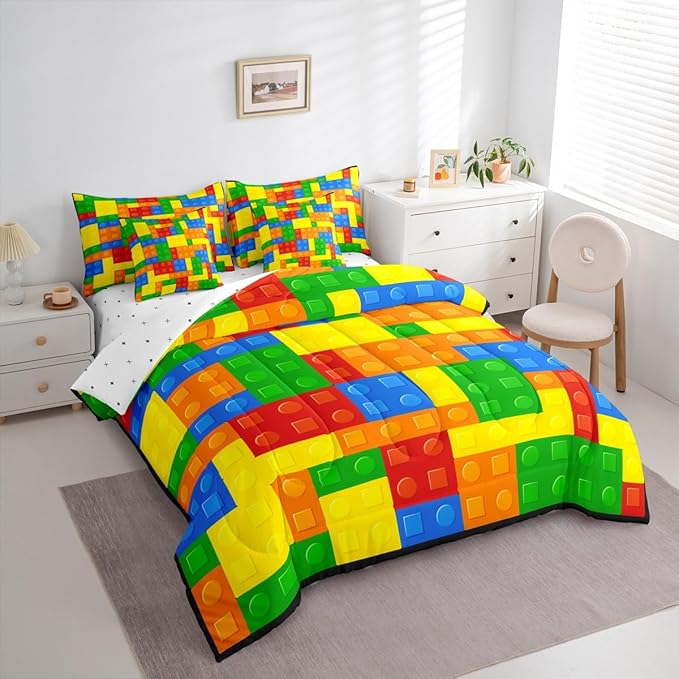 Kids Games Comforter Set 7 Pcs King Size,Cartoon Construction Bedding Set for Child Boys Room Decor Color Building Blocks Gaming Theme Fitted Flat Sheet 2 Throw Pillow Covers 2 Pillowcases