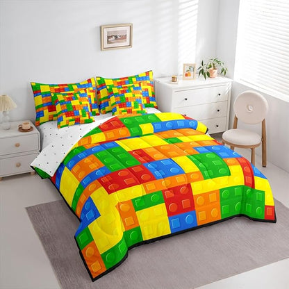 Kids Games Comforter Set 7 Pcs King Size,Cartoon Construction Bedding Set for Child Boys Room Decor Color Building Blocks Gaming Theme Fitted Flat Sheet 2 Throw Pillow Covers 2 Pillowcases