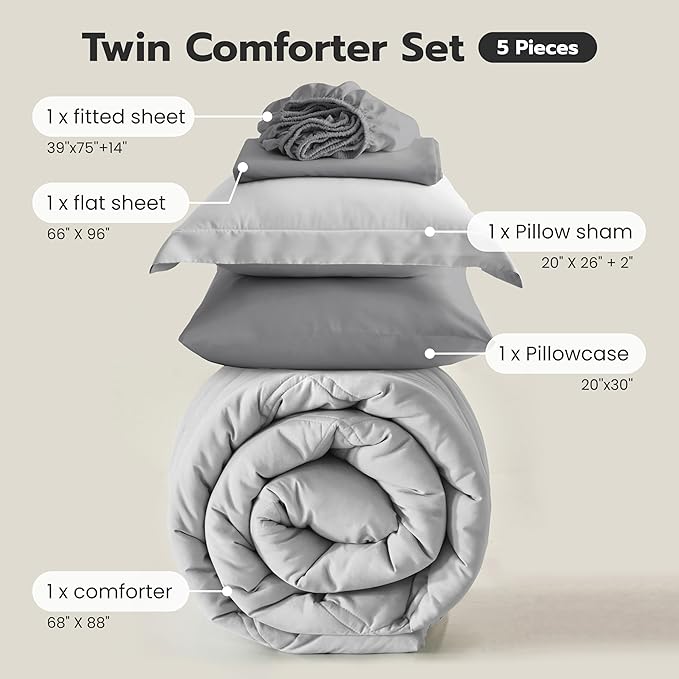 JOIEDOMI Twin Comforter Set with Sheets Light Grey, 5 Pieces Twin Bedding Sets with 1 Down Alternative Comforter, 1 Flat Sheet, 1 Fitted Sheet, 1 Pillowcase and 1 Pillow Sham, Bed in a Bag All Seasons
