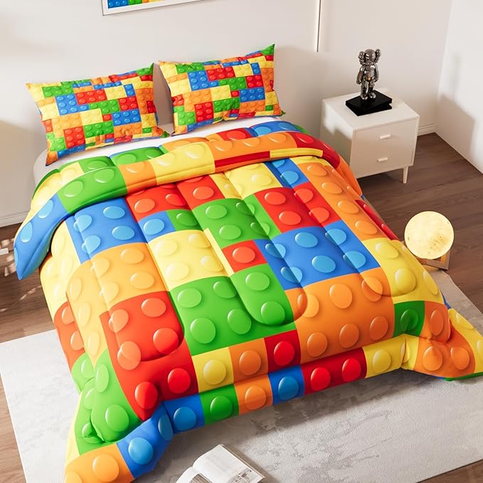 Building Blocks Comforter Set, Colorful Theme 3D Pattern for Kids Teens Adults,Decorative Bedding Comforter Sets with 2 Pillow Shams, Queen Size
