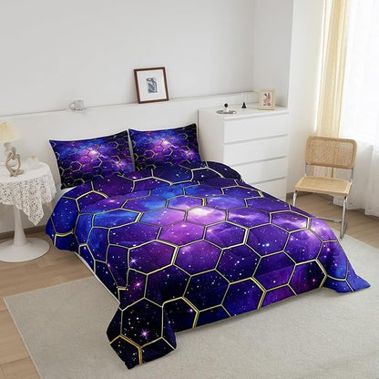 Manfei Galaxy Honeycomb Comforter Set Toddler Size, Geometric Hexagon Print Bedding Set 2pcs, Blue Purple Starry Sky Down Comforter for All Season, Kids Boys Girls Room Decor, 1 Pillowcase