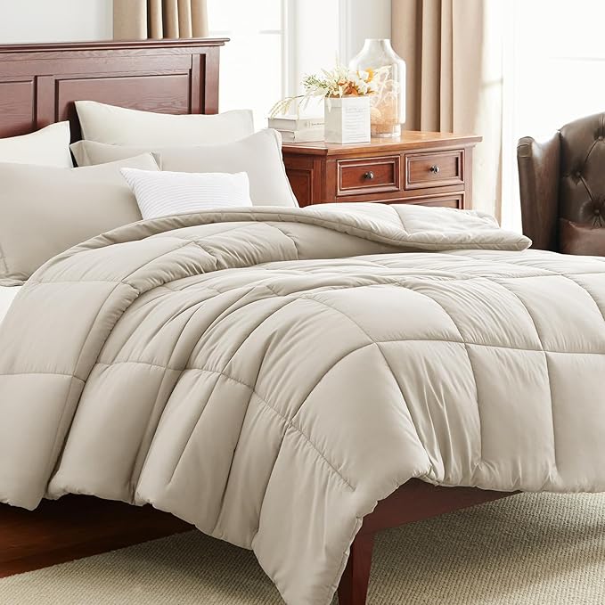 CozyLux King Size Comforter Set - Beige Comforter King Size, 3 Pieces Box Stitched Bed Set for All Seasons, Soft Lightweight Bedding Sets with 1 Down Alternative Comforter and 2 Pillow Shams