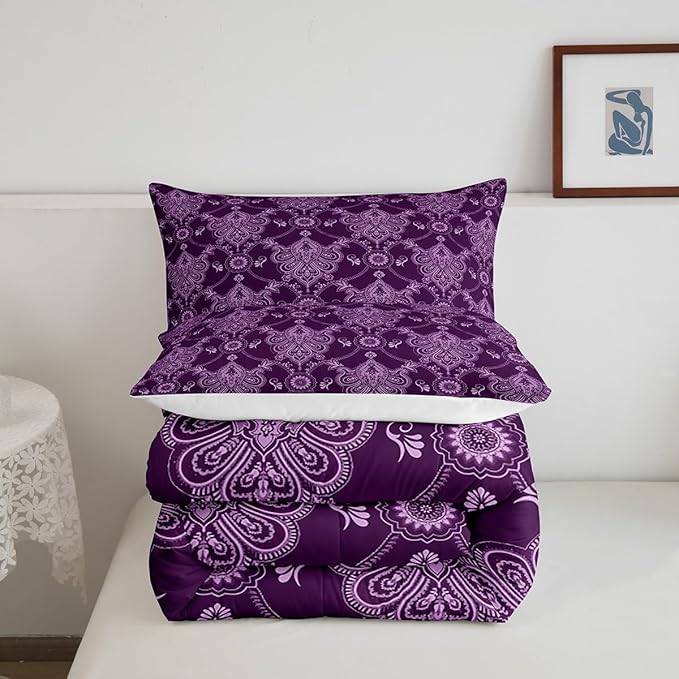 Feelyou Adults Purple Vintage Damask Floral Comforter Set Antique Drawing Classical Paisley Comforter Queen Size Gothic Bohemia Boho Floral Bedding Set Hotel Style Duvet Set Quilt Set 3Pcs