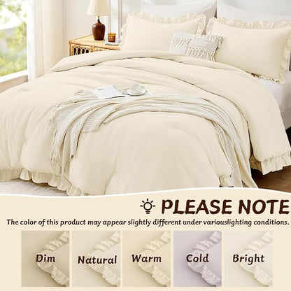 FUANNA Full Size Comforter Sets Cream White, 3 Pieces Ruffle Full Size Bedding Sets, Fluffy Bed in a Bag Full for All Seasons, Shabby Chic Full Bed Set with 1 Lightweight Comforter & 2 Pillowshams