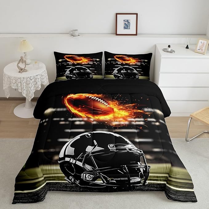 Feelyou Rugby Comforter Set Queen Size Rugby Sports Comforter for Boys Girls Teens Gift for Football Lover Bedding Set Soccer Ball Game Duvet Set Black Yelllow Quilt Set