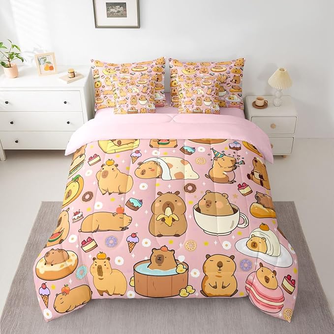 Funny Cute Capybaras 7 Pieces Bedding Set Twin Size,Capybara Lover Bed in a Bag,Kawaii Rodent Animals Bed Set Includes Comforter,Sheet Set,Pillowcases & Pillow Covers,Cakes Ice Creams Bedroom Decor