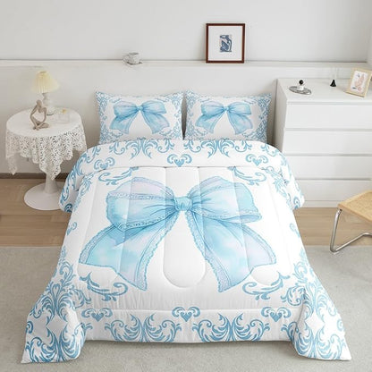 jejeloiu Girls Pretty Ribbon Blue Bow Bedding Set King Size Blue Damask Comforter Set for Kids Women Cute Bow Duvet Set Princess Quilt Set 3Pcs