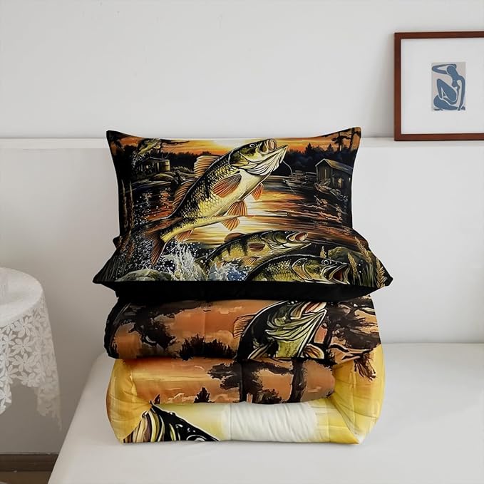 Erosebridal Big Pike Fish King Bedding Set,Bass Fishing Theme Comforter Set for Kids Boys Men,Vintage Lake House Comforter,Rustic Cabin Lodge Bedroom Room Decor,2 Pillowcases Lightweight
